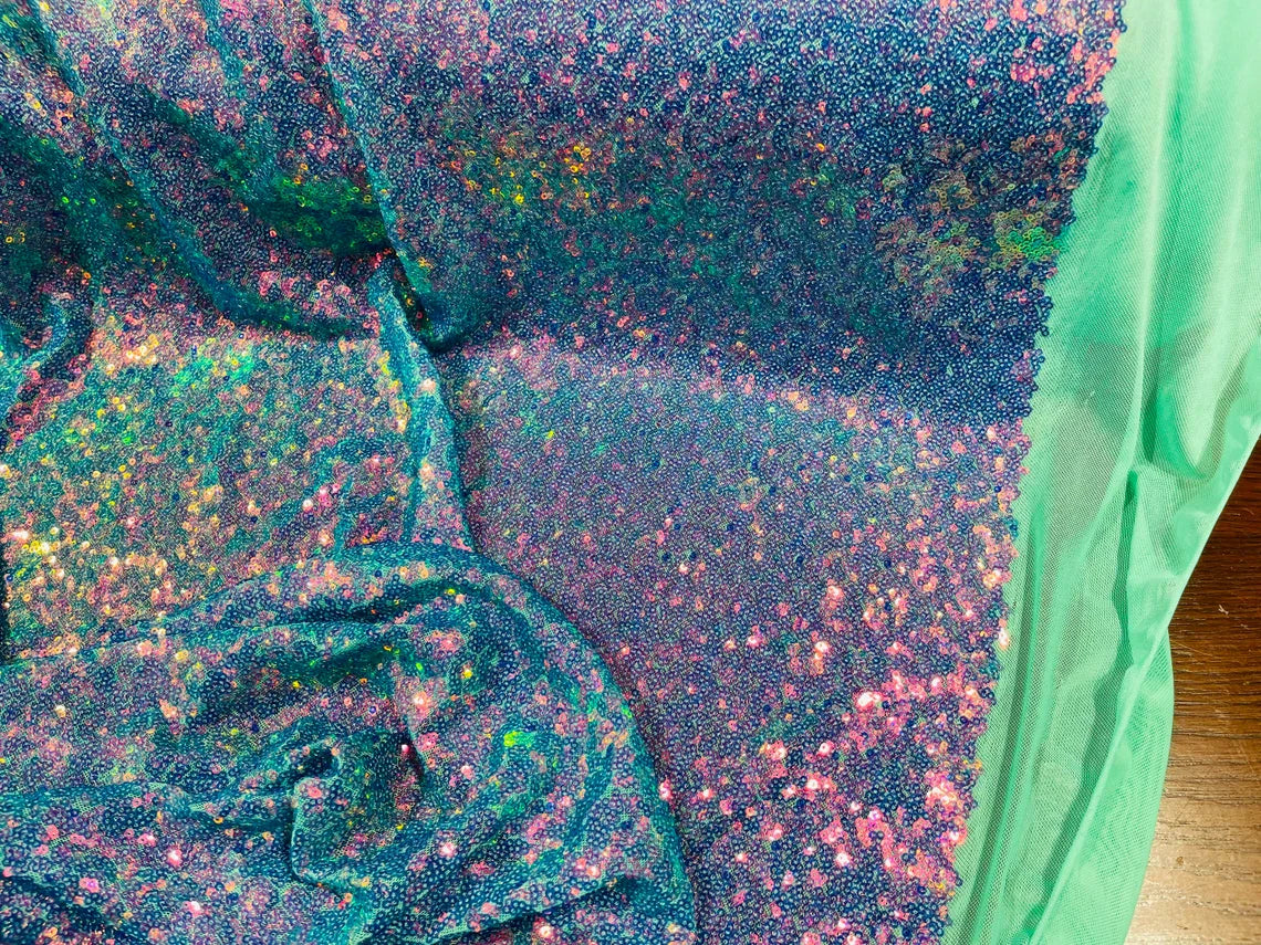 Mini Glitz Sequins - Iridescent Multi-Color on Mint - Mini Sequins 4 Way Stretch Lace Mesh Fabric