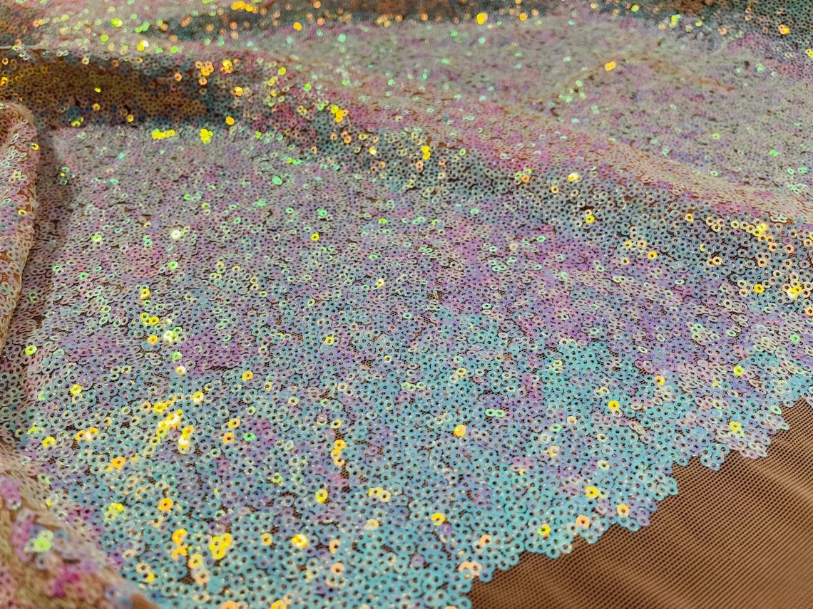 Mini Glitz Sequins - Iridescent Unicorn on Blush - Mini Sequins on 4 Way Stretch Lace Mesh Fabric