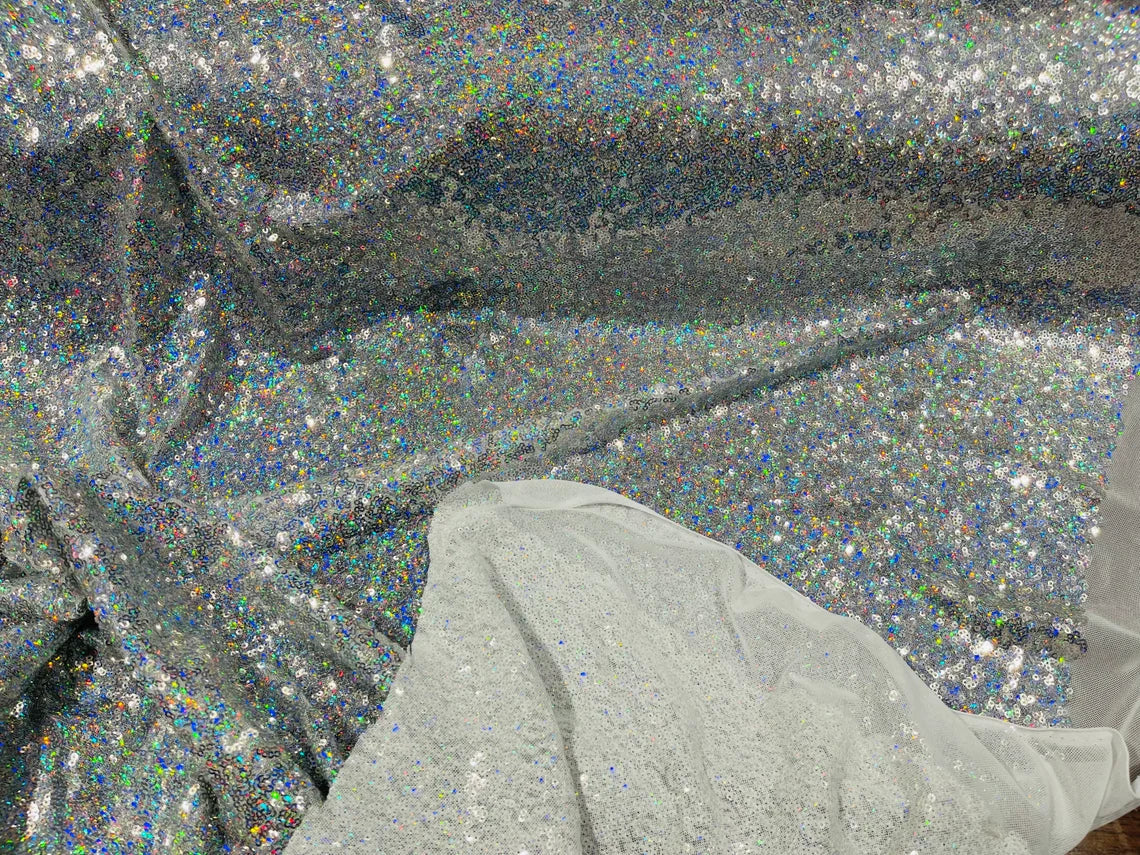 Mini Glitz Sequins - Hologram Silver - Stretch Shiny Sequins Mesh Fabric Sold By The Yard