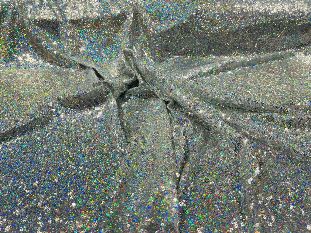 Mini Glitz Sequins - Holographic Silver - Mini Sequins on Blue 4 Way Stretch Lace Mesh Fabric