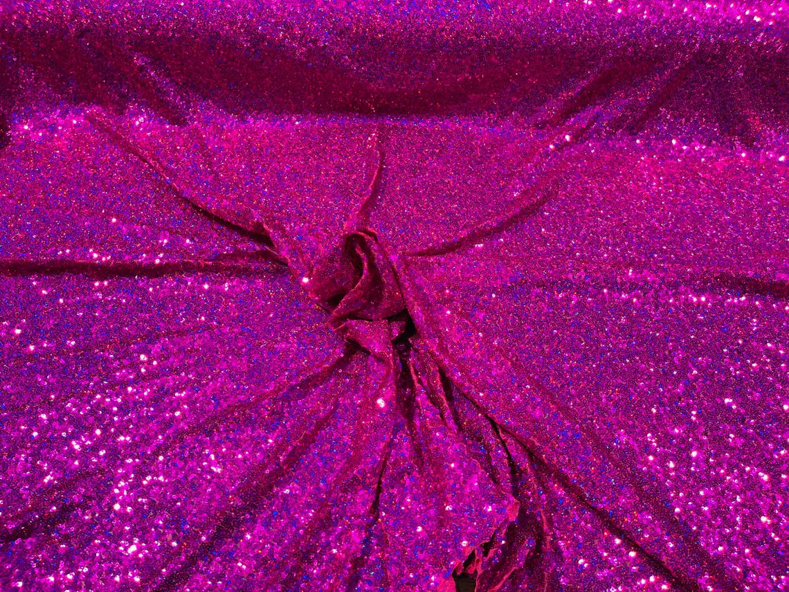 Mini Glitz Sequins -  Fuschia - Mini Sequins on 4 Way Stretch Lace Mesh Fabric