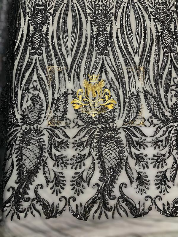 Damask Net Sequins - Orange - Design Sequins on 4 Way Stretch Sold By The Yard