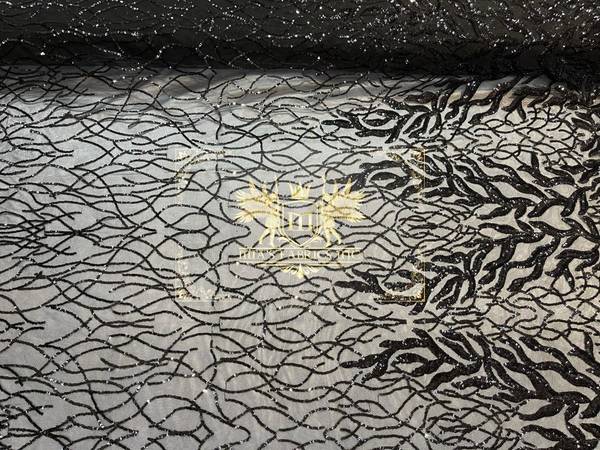 Leaf Design Sequin Fabric - Black - 4 Way Stretch Embroidered Elegant Fabric By The Yard