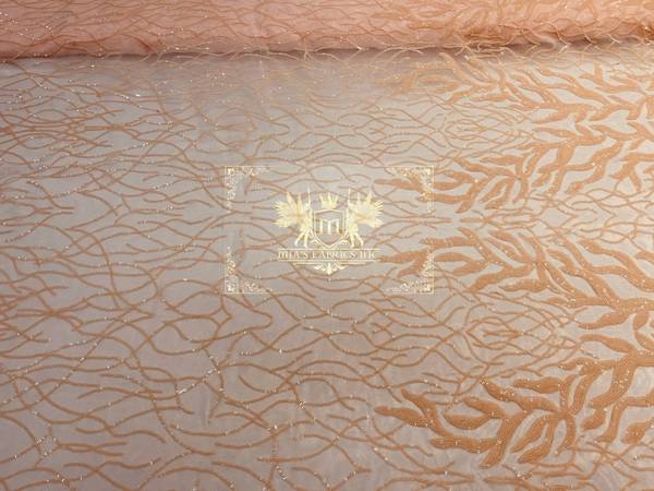 Leaf Design Sequin Fabric - Peach - 4 Way Stretch Embroidered Elegant Fabric By The Yard