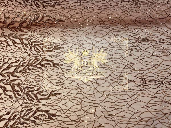 Leaf Design Sequin Fabric - Dusty Rose - 4 Way Stretch Embroidered Elegant Fabric By The Yard