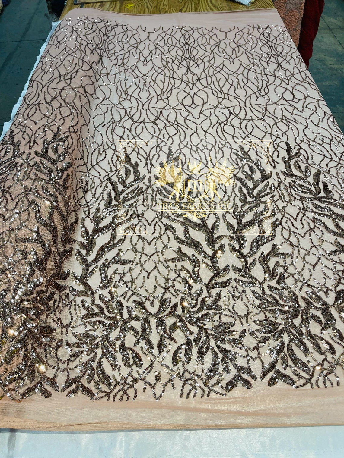 Leaf Design Sequin Fabric - Skin - 4 Way Stretch Embroidered Elegant Fabric By The Yard