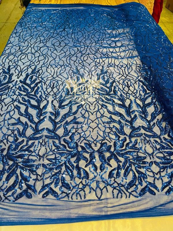 Leaf Design Sequin Fabric - Royal Blue - 4 Way Stretch Embroidered Elegant Fabric By The Yard