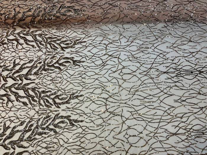 Leaf Design Sequin Fabric - Skin - 4 Way Stretch Embroidered Elegant Fabric By The Yard