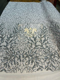 Leaf Design Sequin Fabric - Silver - 4 Way Stretch Embroidered Elegant Fabric By The Yard