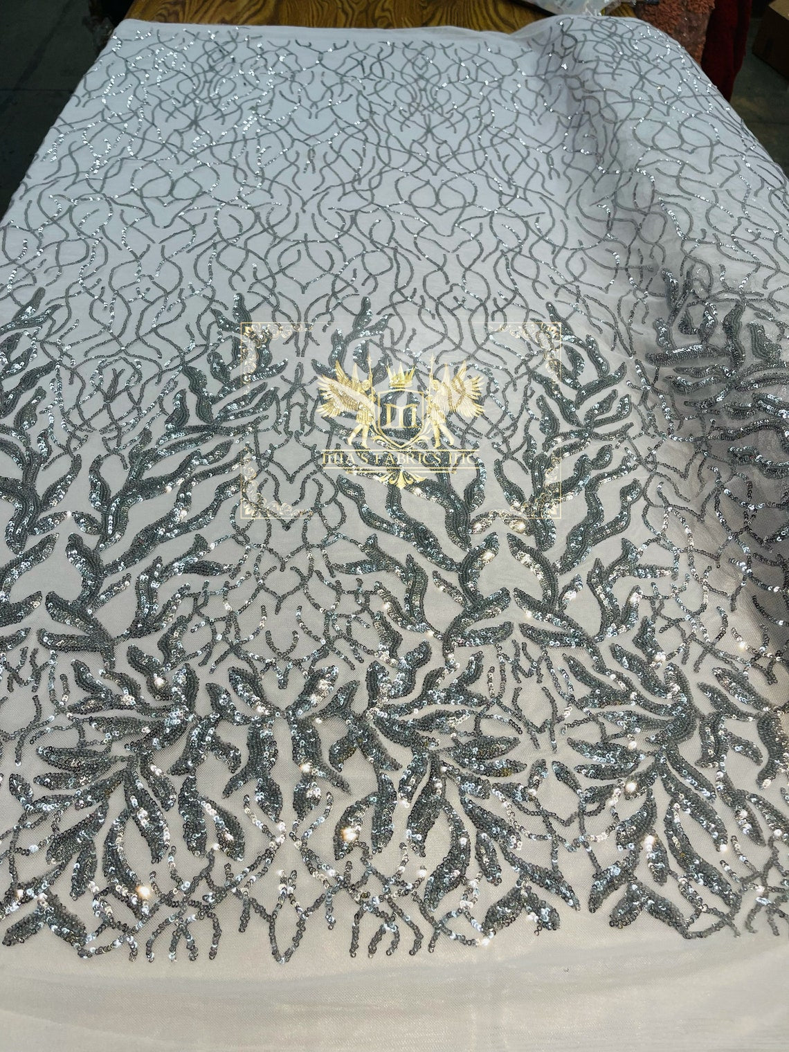 Leaf Design Sequin Fabric - Silver - 4 Way Stretch Embroidered Elegant Fabric By The Yard