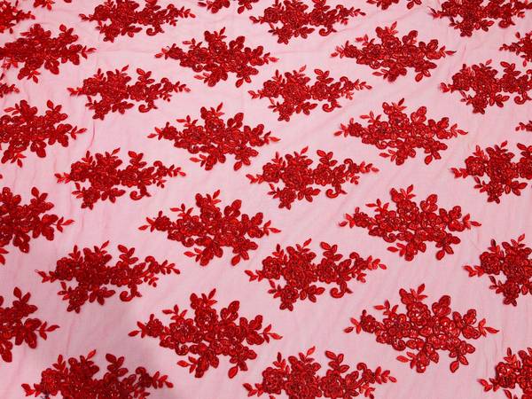 Fancy Lace Design - Red - Flower Embroidery Design Mesh Fabric By The Yard