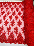 Fancy Lace Design - Red - Flower Embroidery Design Mesh Fabric By The Yard