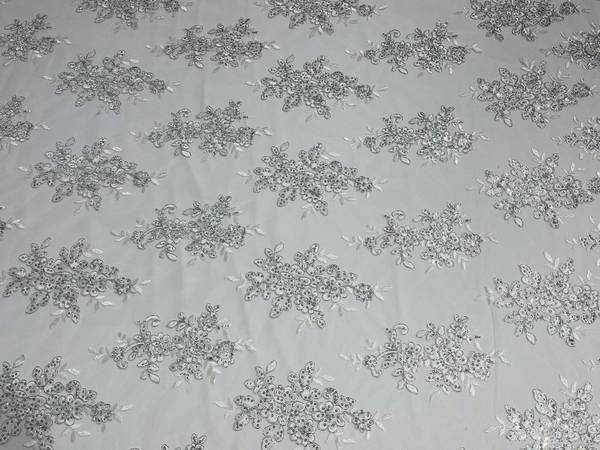 Fancy Lace Design - White / Silver Metallic Thread - Flower Embroidery Design Mesh Fabric By Yard