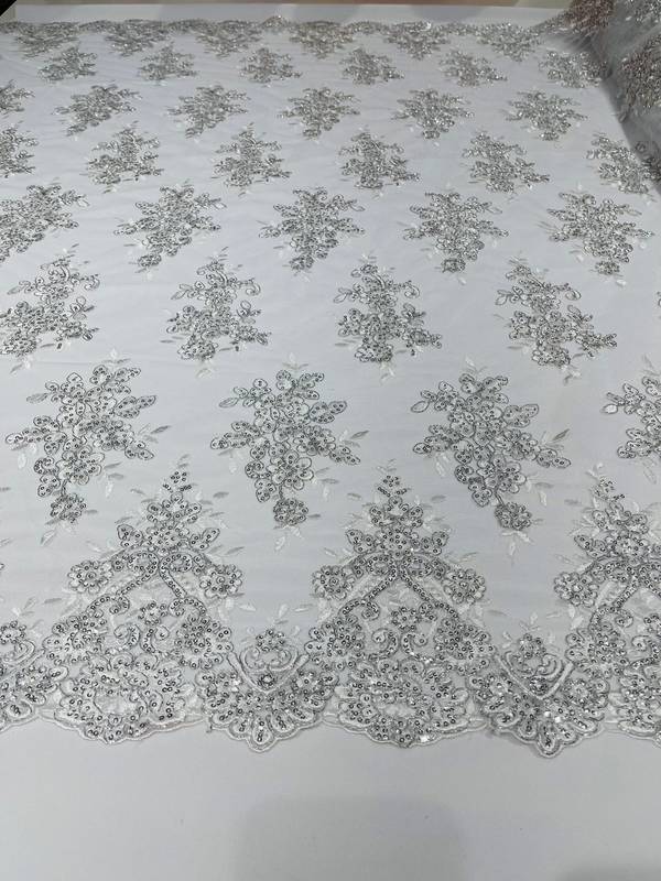 Fancy Lace Design - White / Silver Metallic Thread - Flower Embroidery Design Mesh Fabric By Yard