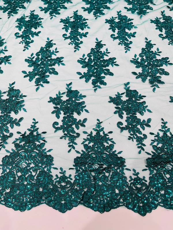 Fancy Lace Design - Hunter Green - Flower Embroidery Design Mesh Fabric By The Yard