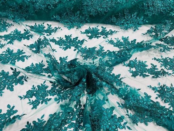 Fancy Lace Design - Hunter Green - Flower Embroidery Design Mesh Fabric By The Yard