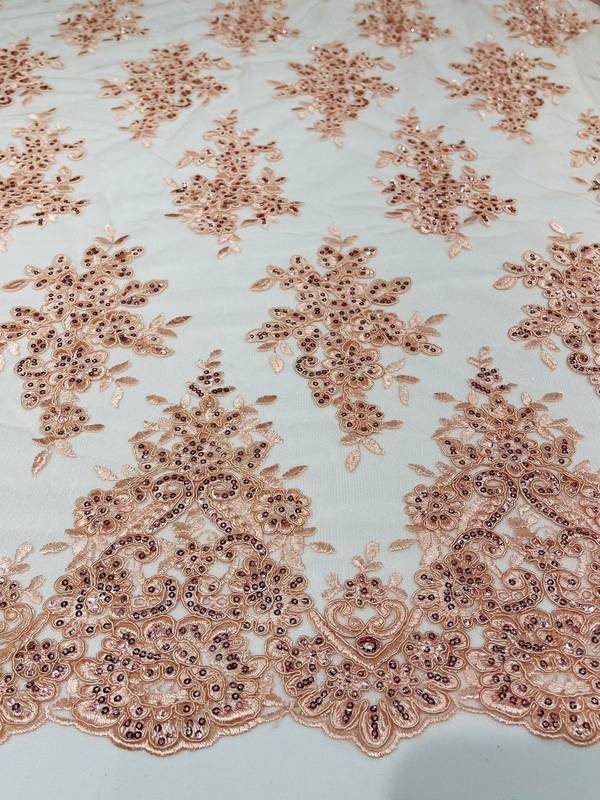 Fancy Lace Design - Blush - Flower Embroidery Design Mesh Fabric By The Yard