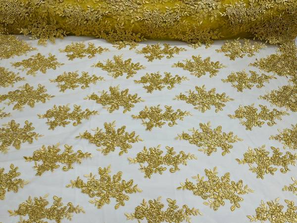 Fancy Lace Design - Gold with Metallic Thread - Flower Embroidery Design Mesh Fabric By Yard