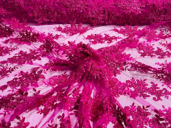 Fancy Lace Design - Fucshia - Flower Embroidery Design Mesh Fabric By The Yard