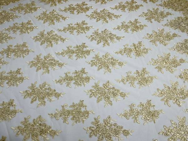 Fancy Lace Design - Light Champagne - Flower Embroidery Design Mesh Fabric By Yard