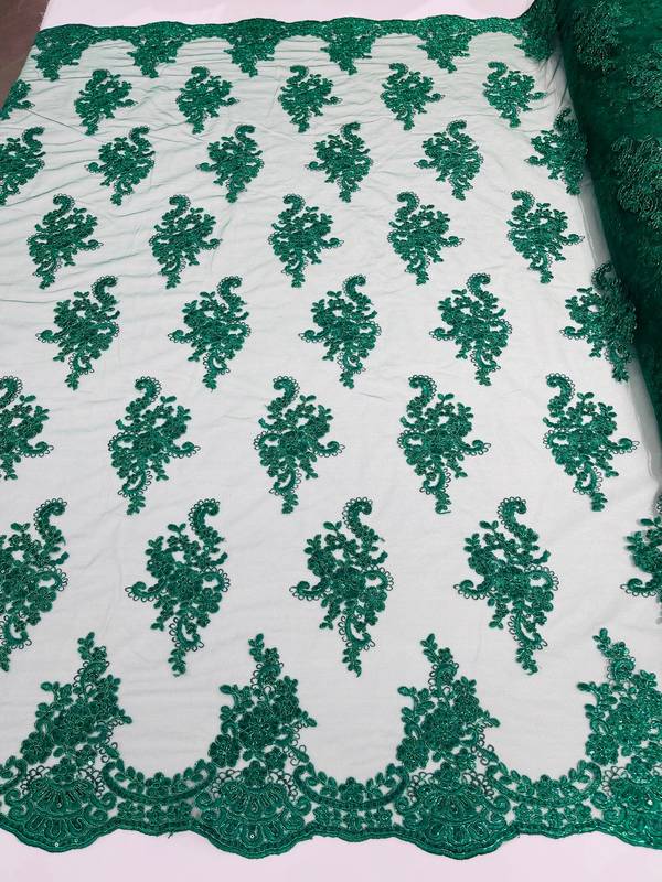 Flower Lace Fabric - Hunter Green with Metallic Thread Floral Clusters Embroidered Mesh Lace Fabric