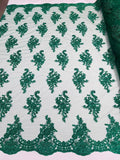 Flower Lace Fabric - Hunter Green with Metallic Thread Floral Clusters Embroidered Mesh Lace Fabric