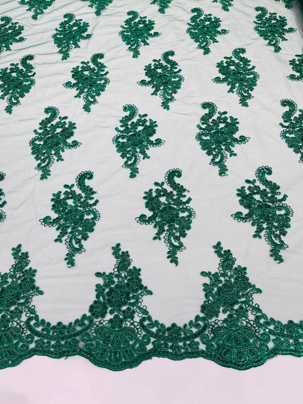 Flower Lace Fabric - Hunter Green with Metallic Thread Floral Clusters Embroidered Mesh Lace Fabric