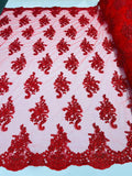 Flower Lace Fabric - Red - Floral Clusters Embroidered on Mesh Lace Fabric