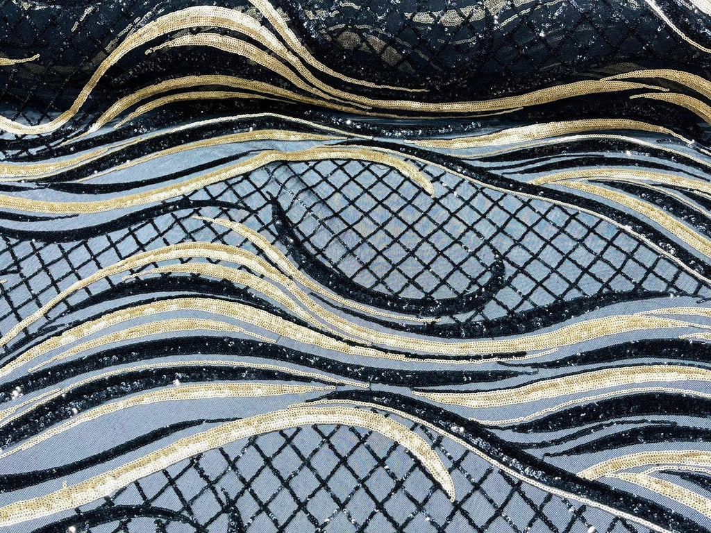 Two Tone Design - Gold / Black - Wavy Lines Geometric Sequins Design 4 Way Stretch Sold By Yard