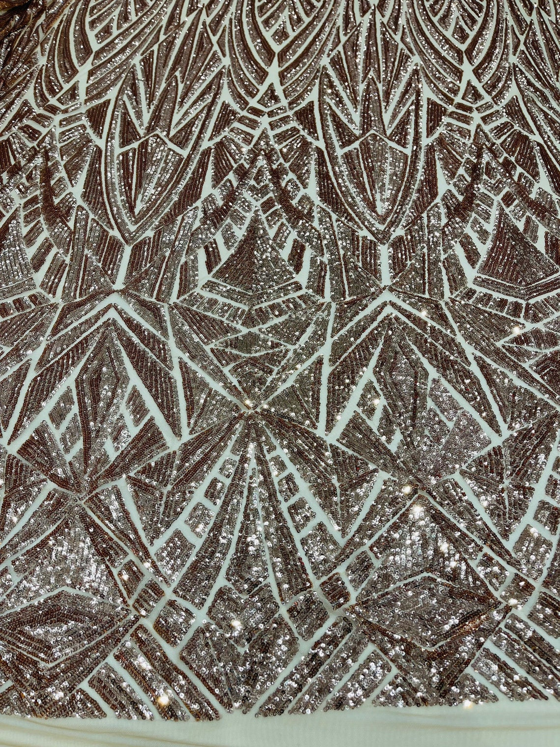 Geometric Fabric - Rose Gold - Geometric Sequins Pattern Design 4 Way Stretch Sold By Yard