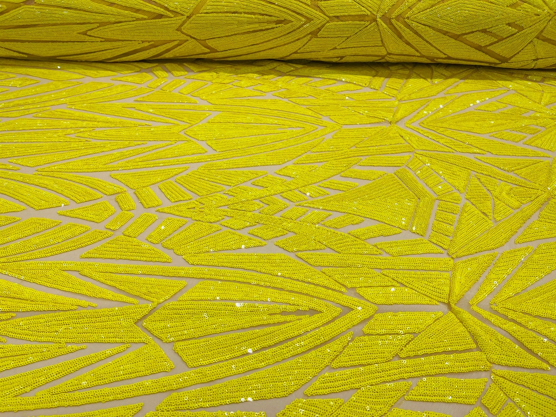 Geometric Fabric - Yellow - Geometric Sequins Pattern Design 4 Way Stretch Sold By Yard