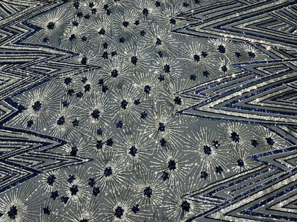 Geometric Sequins Fabric - Navy/Silver - Triangle Firework Pattern 4 Way Stretch Sold By Yard