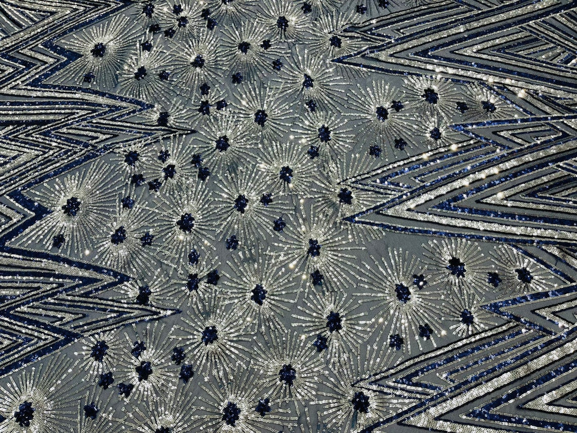 Geometric Sequins Fabric - Navy/Silver - Triangle Firework Pattern 4 Way Stretch Sold By Yard