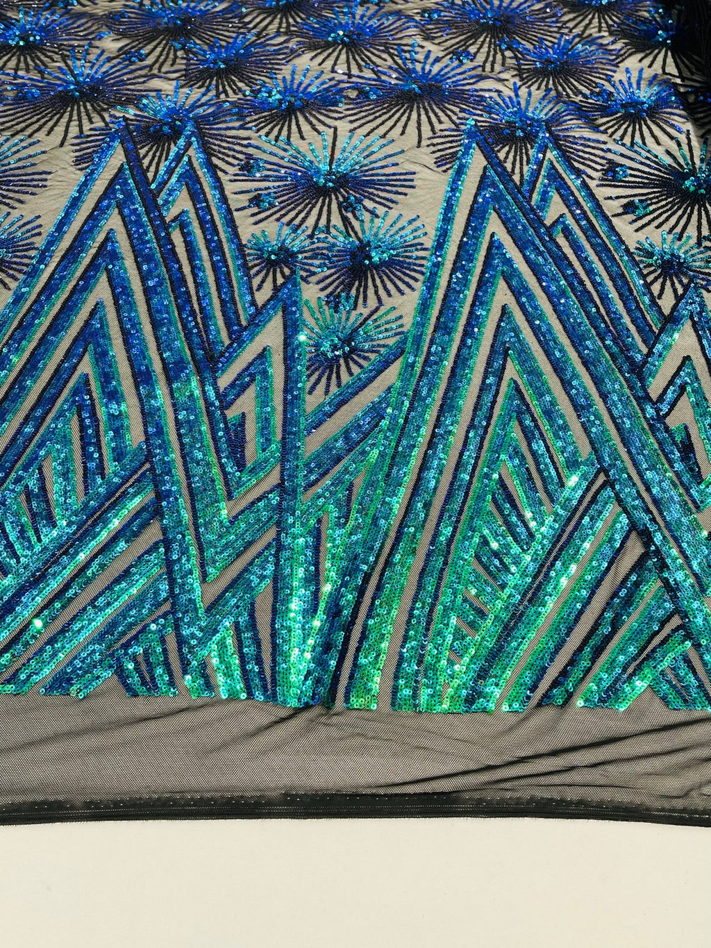 Geometric Sequins Fabric - Iridescent Green - Triangle Firework Pattern 4 Way Stretch Sold By Yard