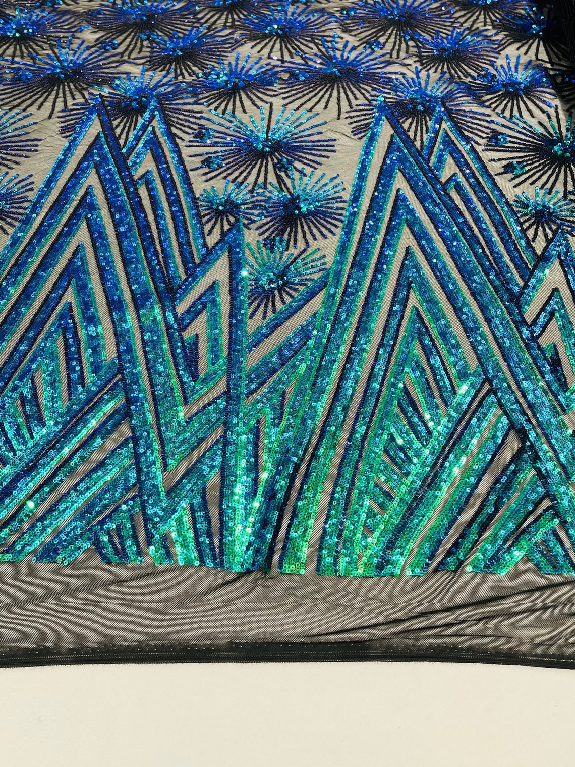 Geometric Sequins Fabric - Iridescent Green - Triangle Firework Pattern 4 Way Stretch Sold By Yard