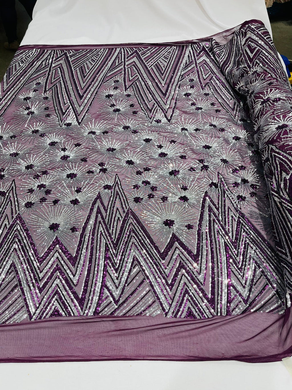 Geometric Sequins Fabric - Purple/Silver - Triangle Firework Pattern 4 Way Stretch Sold By Yard