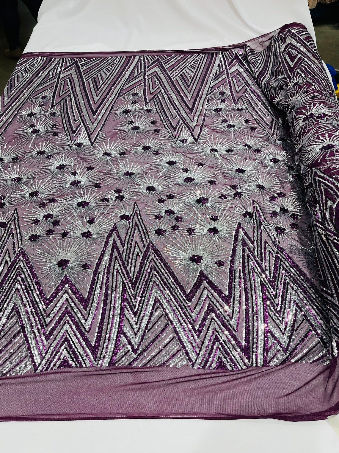Geometric Sequins Fabric - Purple/Silver - Triangle Firework Pattern 4 Way Stretch Sold By Yard