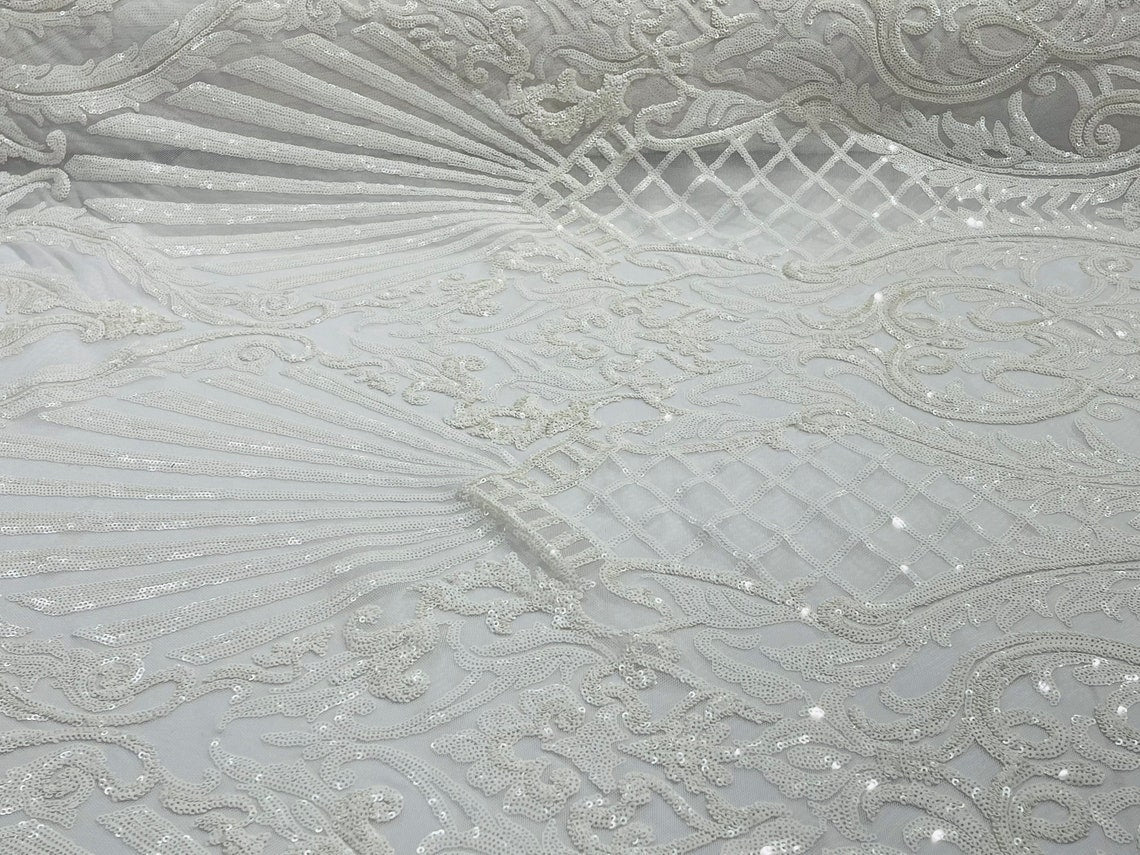 Damask Geometric Sequins - White - 4 Way Stretch Sequins Damask Pattern Design Sold By Yard
