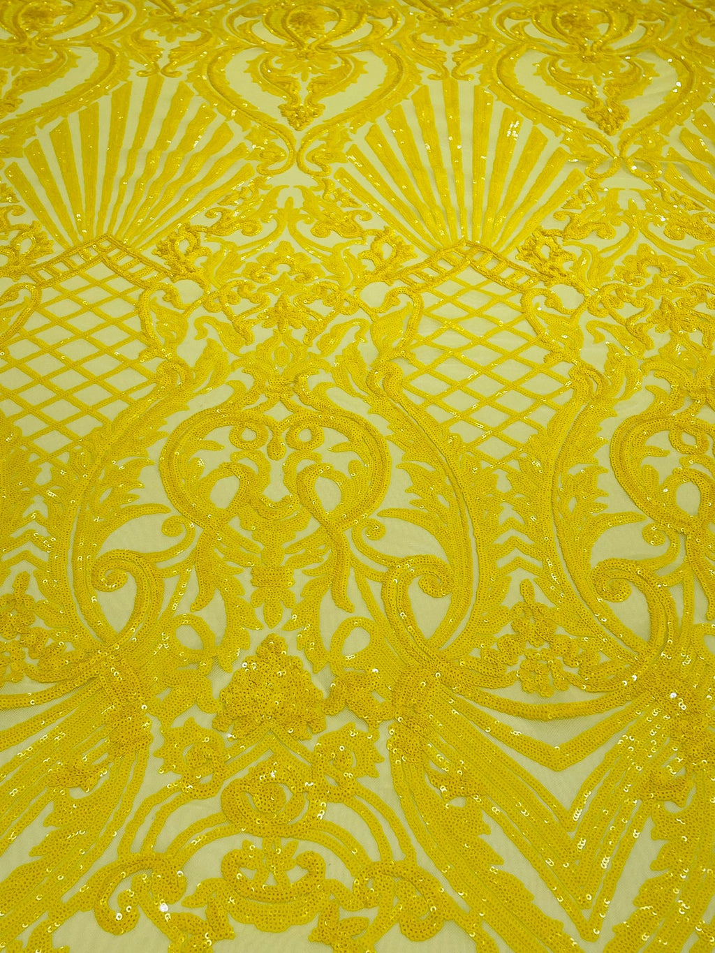 Damask Geometric Sequins - Yellow - 4 Way Stretch Sequins Damask Pattern Design Sold By Yard