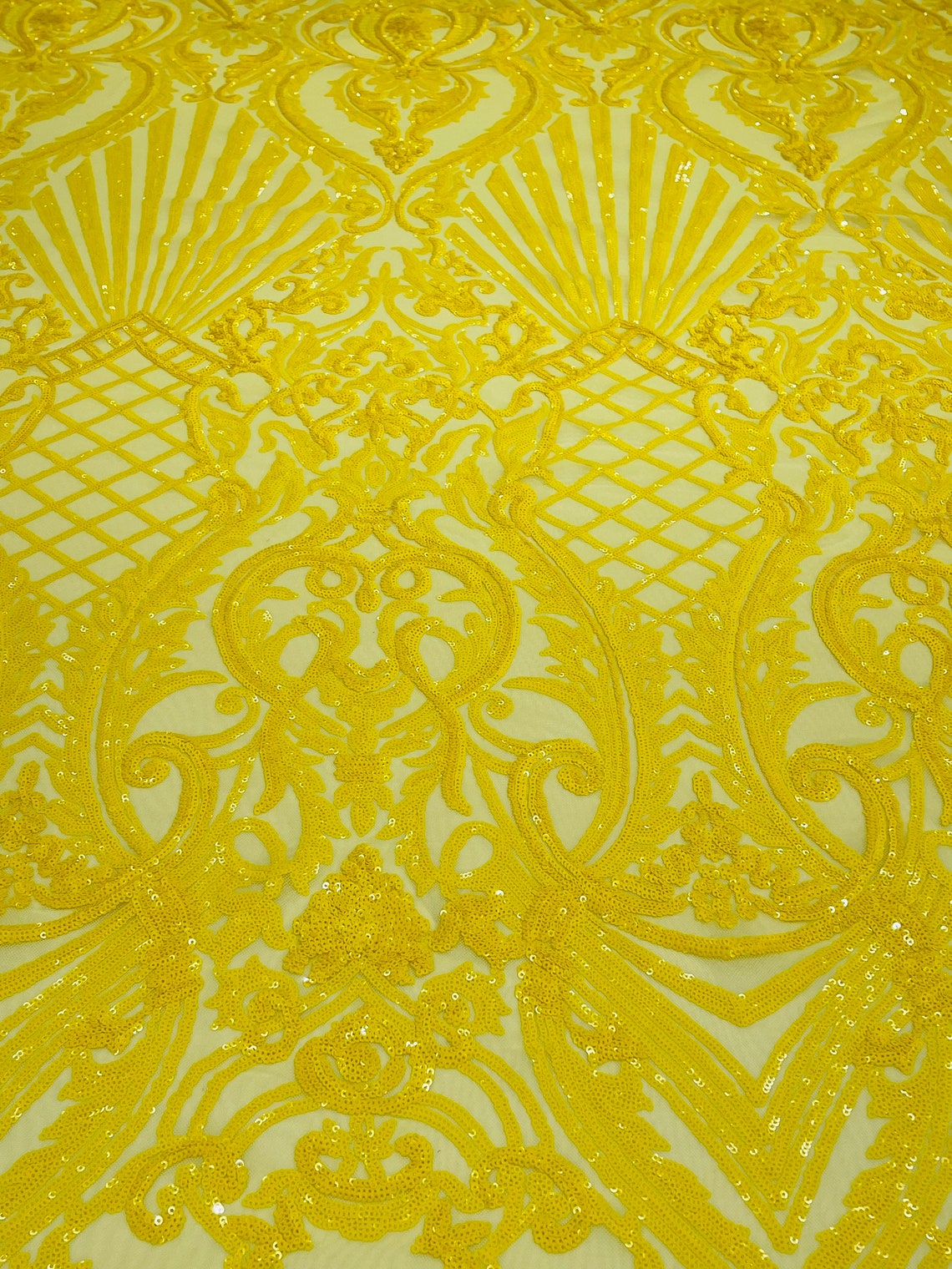 Damask Geometric Sequins - Yellow - 4 Way Stretch Sequins Damask Pattern Design Sold By Yard