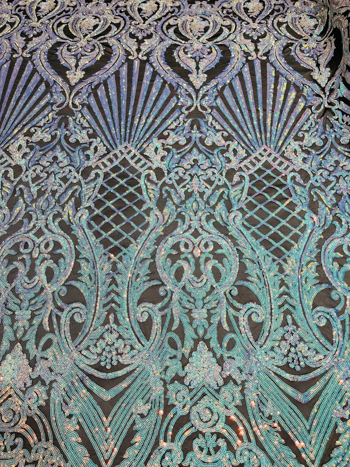 Damask Geometric Sequins - Unicorn - 4 Way Stretch Sequins Damask Pattern Design Sold By Yard