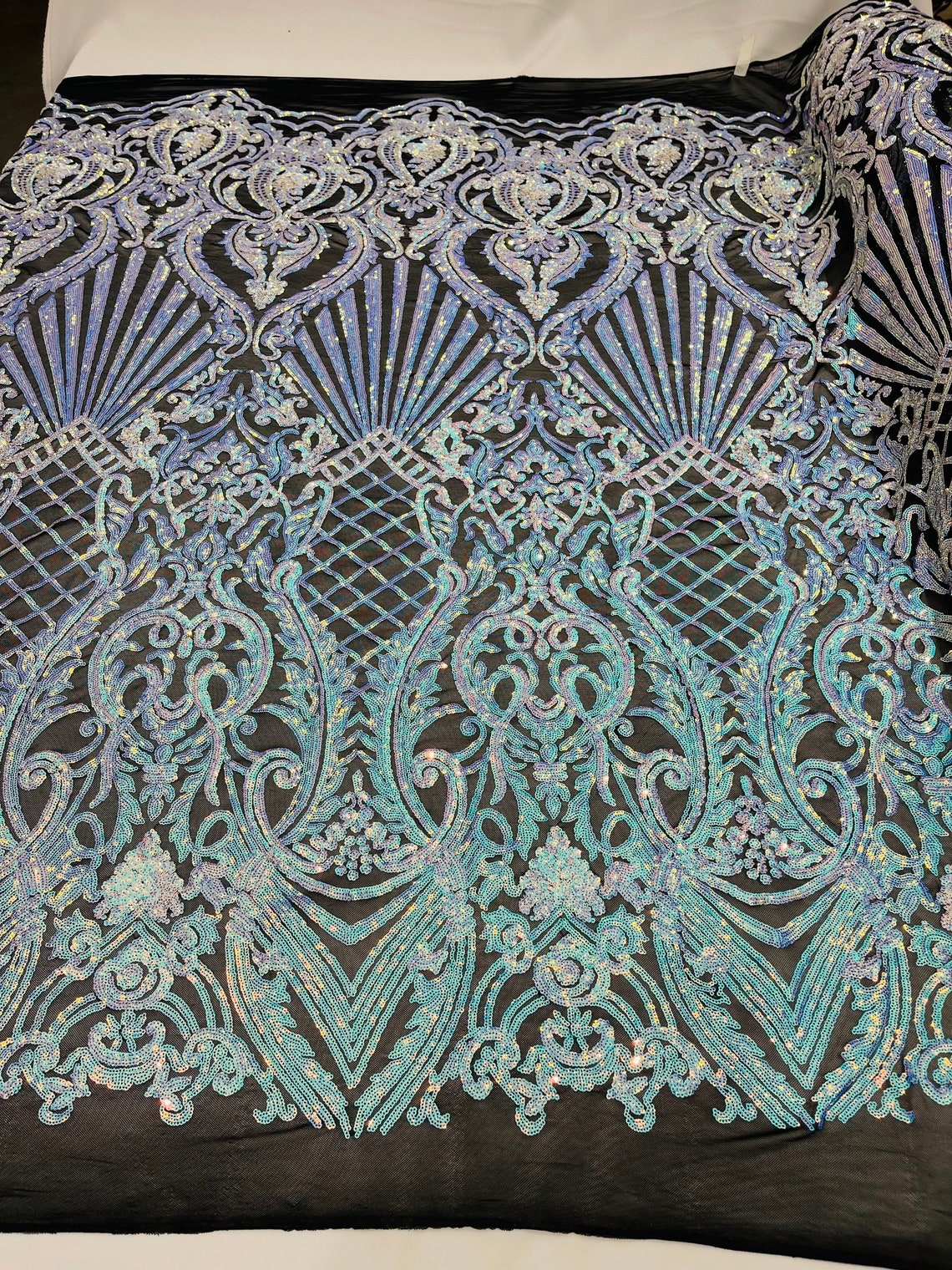 Damask Geometric Sequins - Unicorn - 4 Way Stretch Sequins Damask Pattern Design Sold By Yard