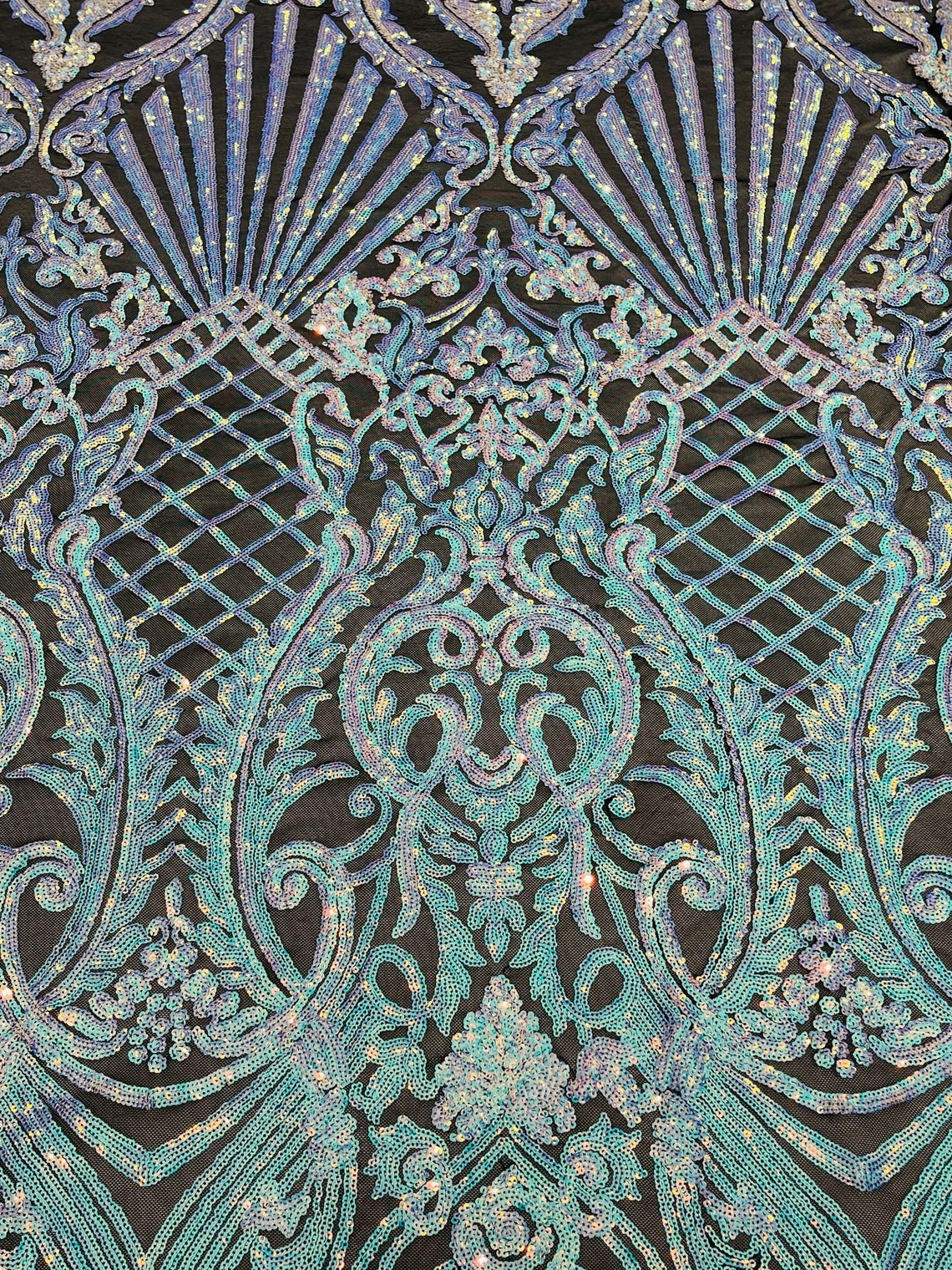 Damask Geometric Sequins - Unicorn - 4 Way Stretch Sequins Damask Pattern Design Sold By Yard