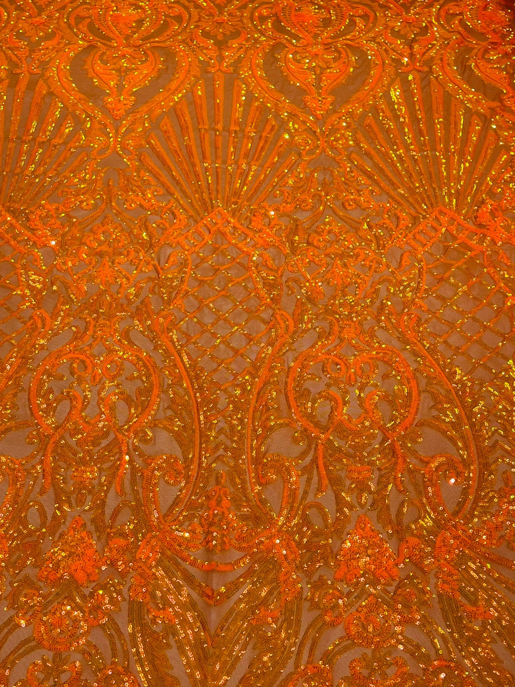 Damask Geometric Sequins - Orange - 4 Way Stretch Sequins Damask Pattern Design Sold By Yard
