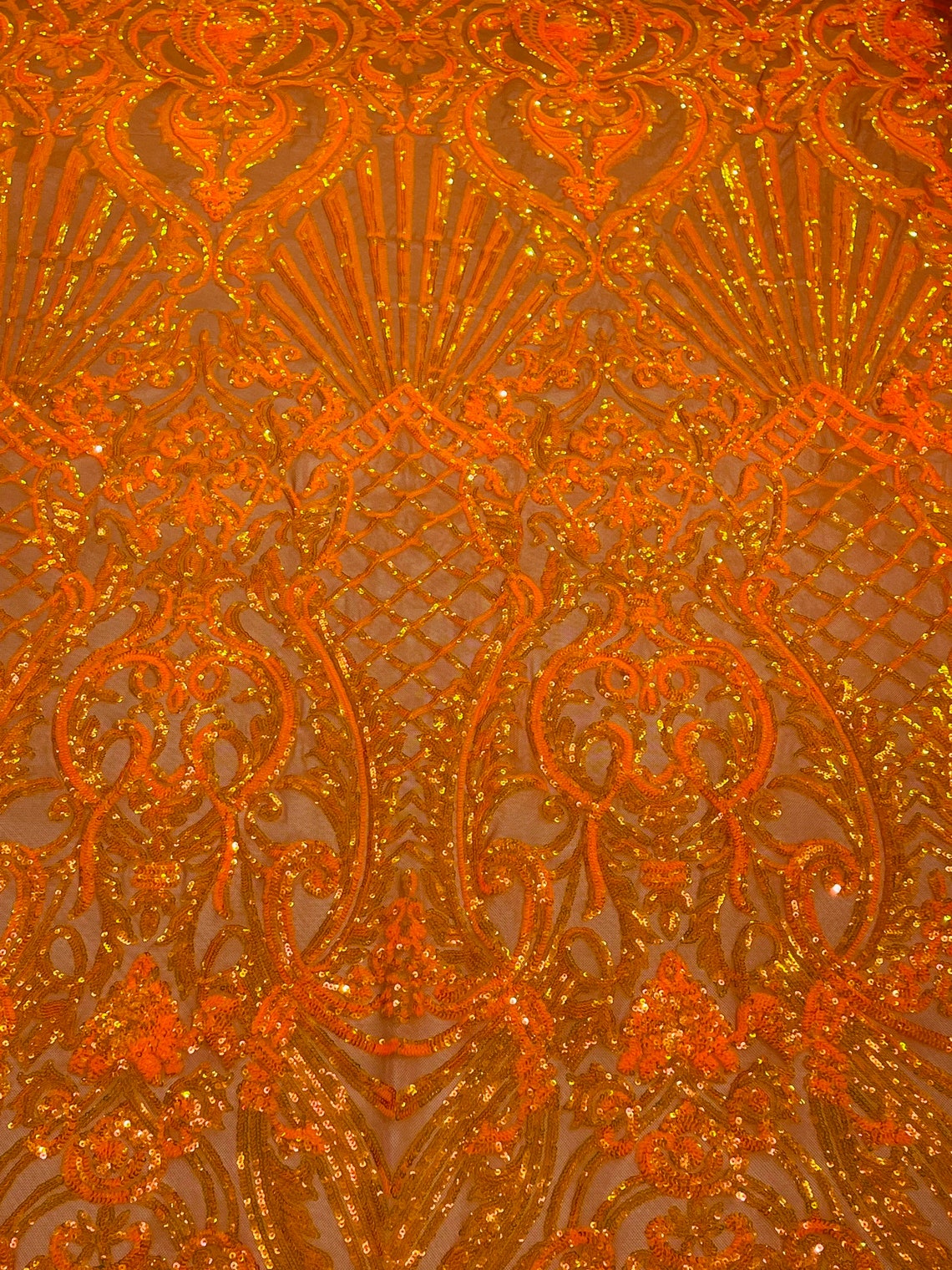 Damask Geometric Sequins - Orange - 4 Way Stretch Sequins Damask Pattern Design Sold By Yard