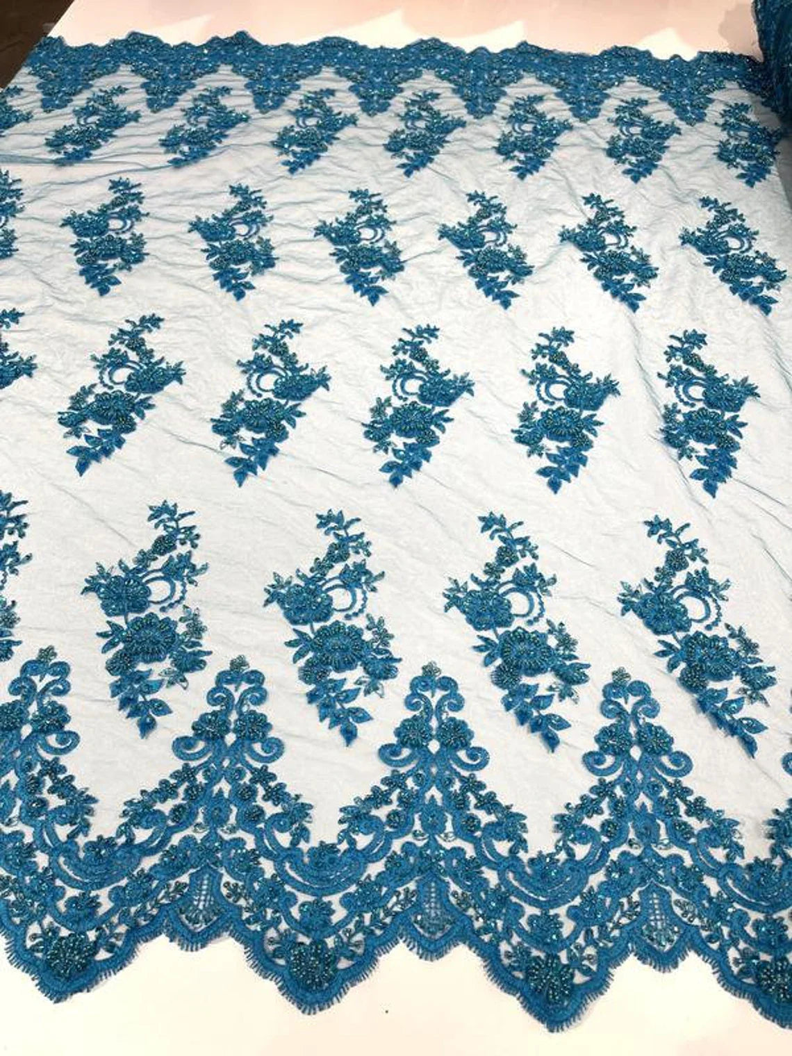 Beaded Bridal Lace - Turquoise - Sold By The Yard Floral Embroidered Sequins Wedding Fabric