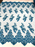 Beaded Bridal Lace - Turquoise - Sold By The Yard Floral Embroidered Sequins Wedding Fabric