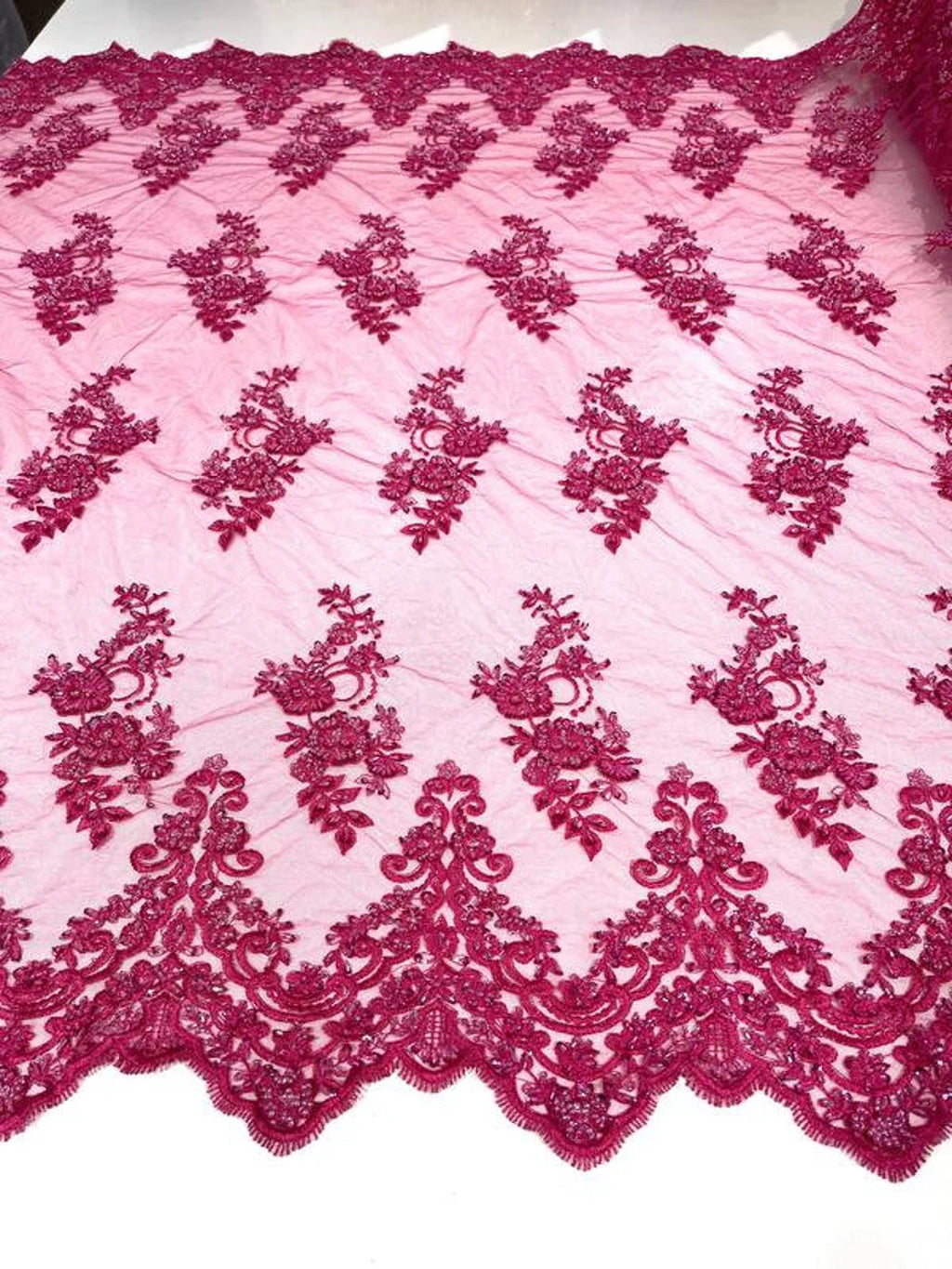 Beaded Bridal Lace - Fuchsia - Sold By The Yard Floral Embroidered Sequins Wedding Fabric