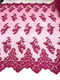 Beaded Bridal Lace - Fuchsia - Sold By The Yard Floral Embroidered Sequins Wedding Fabric