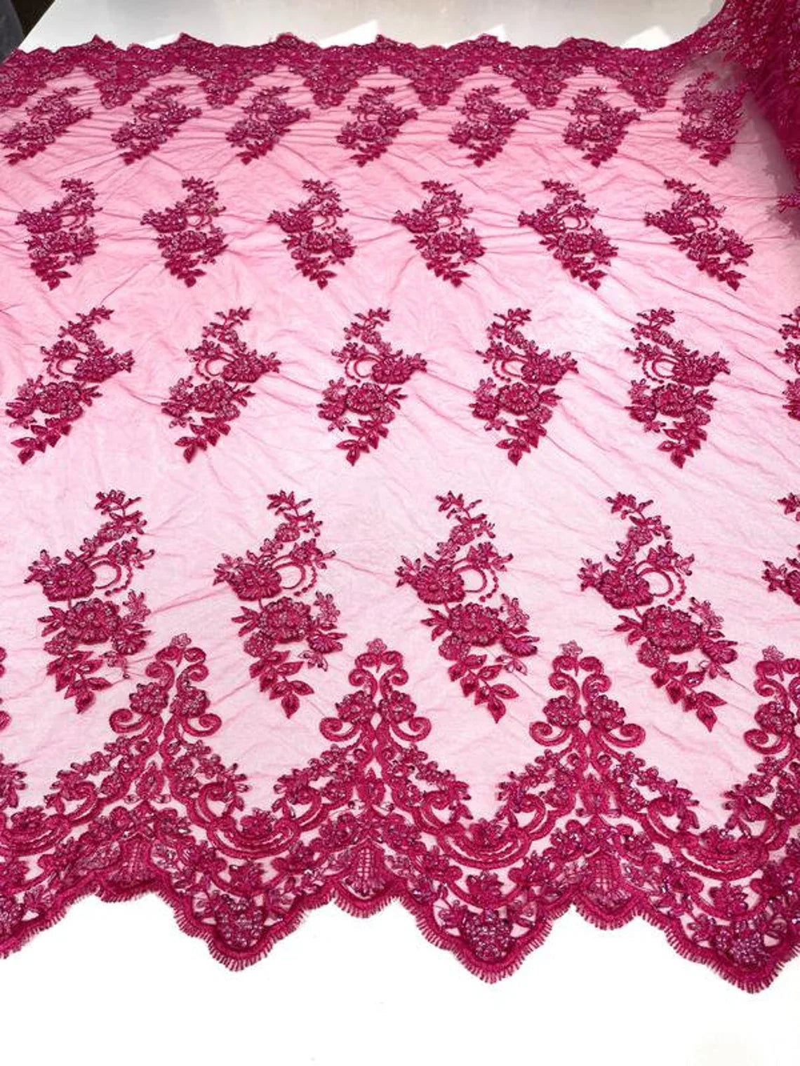 Beaded Bridal Lace - Fuchsia - Sold By The Yard Floral Embroidered Sequins Wedding Fabric